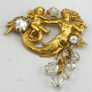 Vintage Kirk's Folly Cherub Riding Mermaid Stars Dangling Crystals Brooch Pin